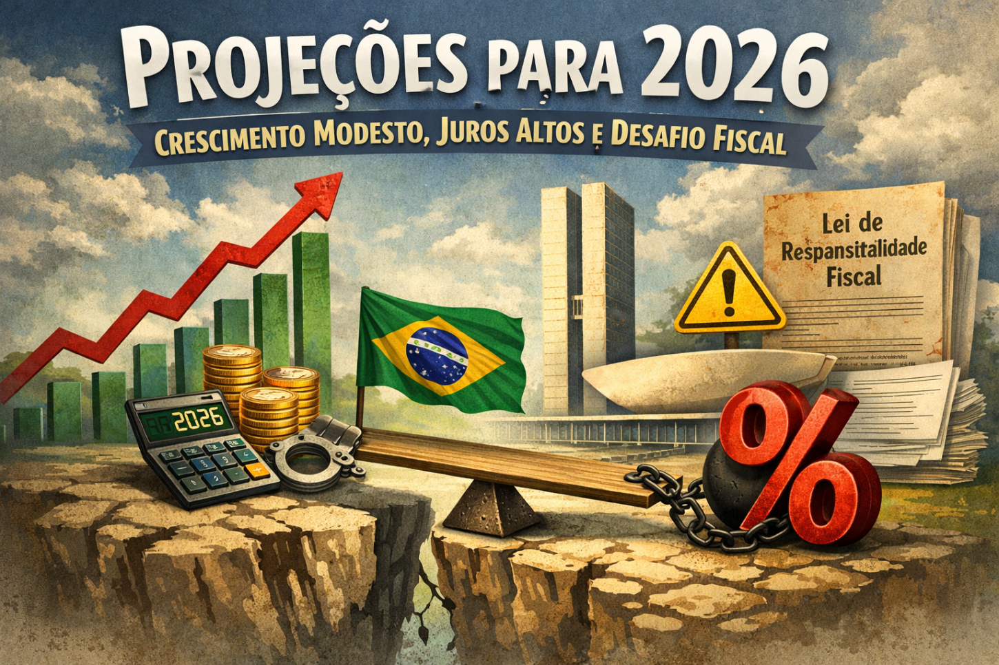 Projeções para 2026 indicam crescimento modesto, juros em campo restritivo e maior teste à disciplina fiscal no Brasil