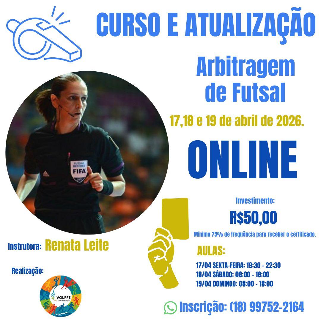 Curso de Arbitragem de Futsal 2026 abre inscrições com aulas on-line e certificado incluso