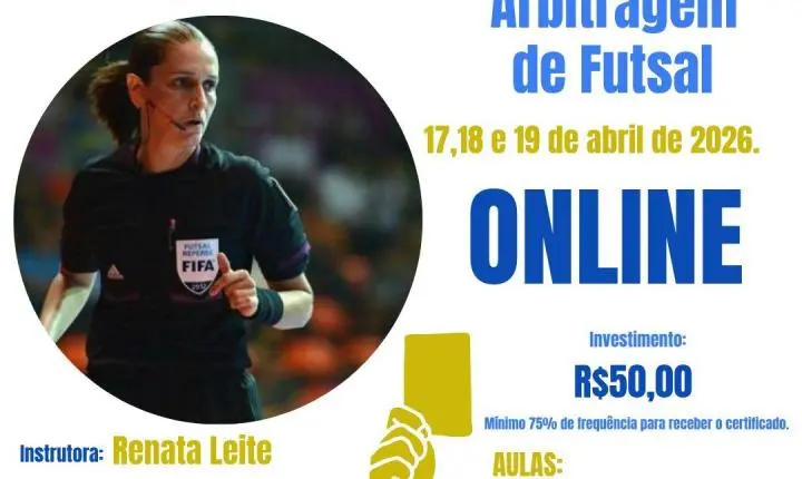 Curso de Arbitragem de Futsal 2026 abre inscrições com aulas on-line e certificado incluso
